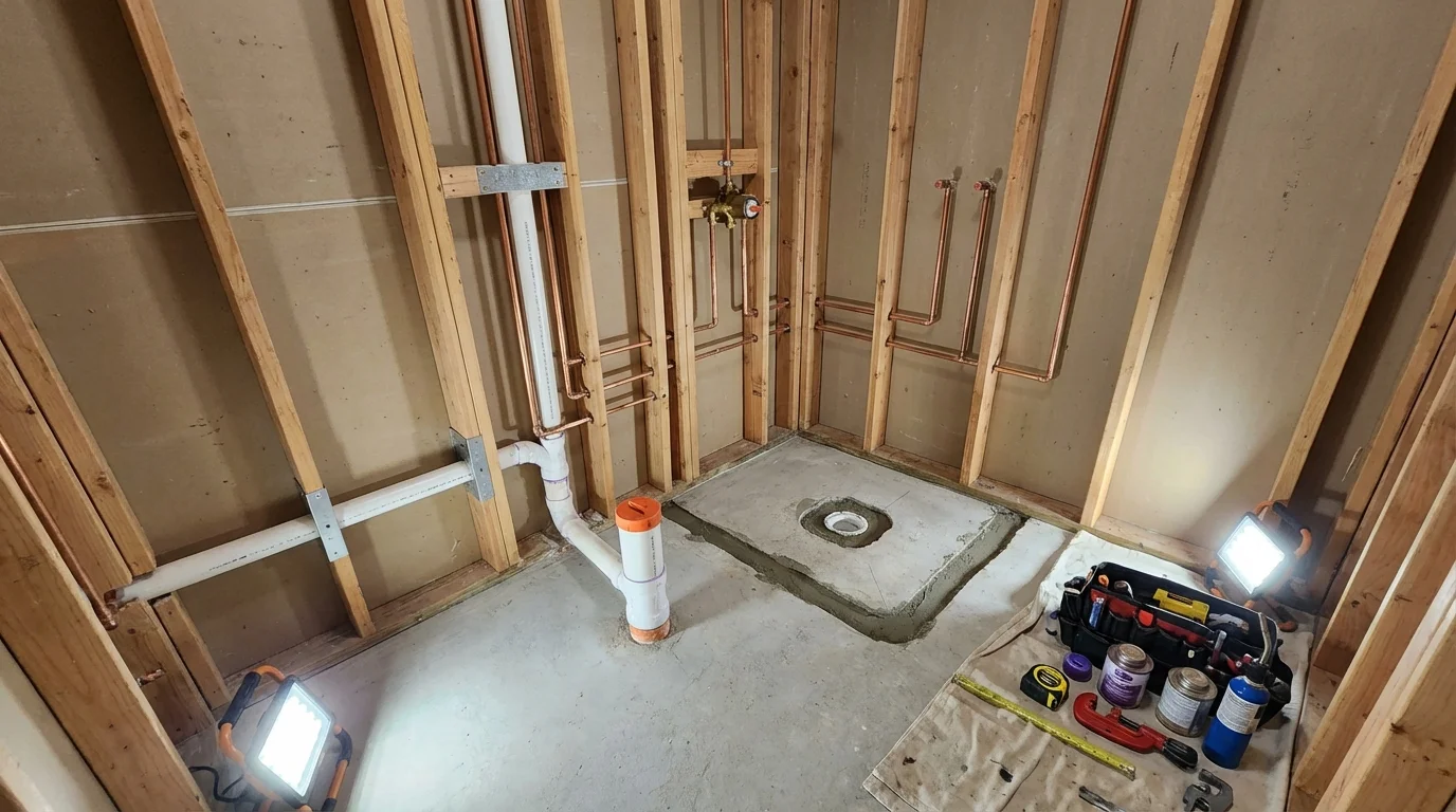 Bathroom rough-in plumbing during remodel by Johns Plumbing LLC in Bunkie
