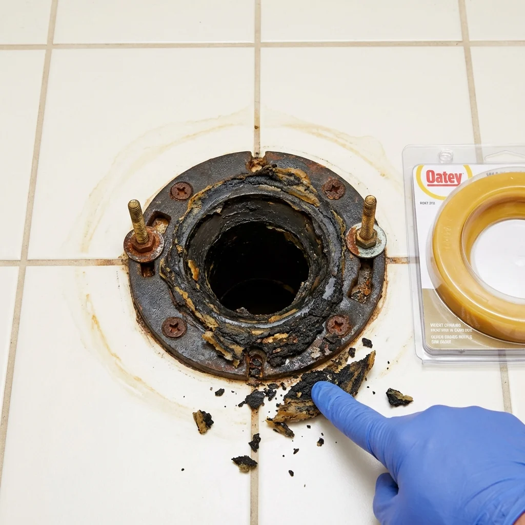 Failed wax ring showing water seepage at the base of a toilet in a Bunkie, LA home