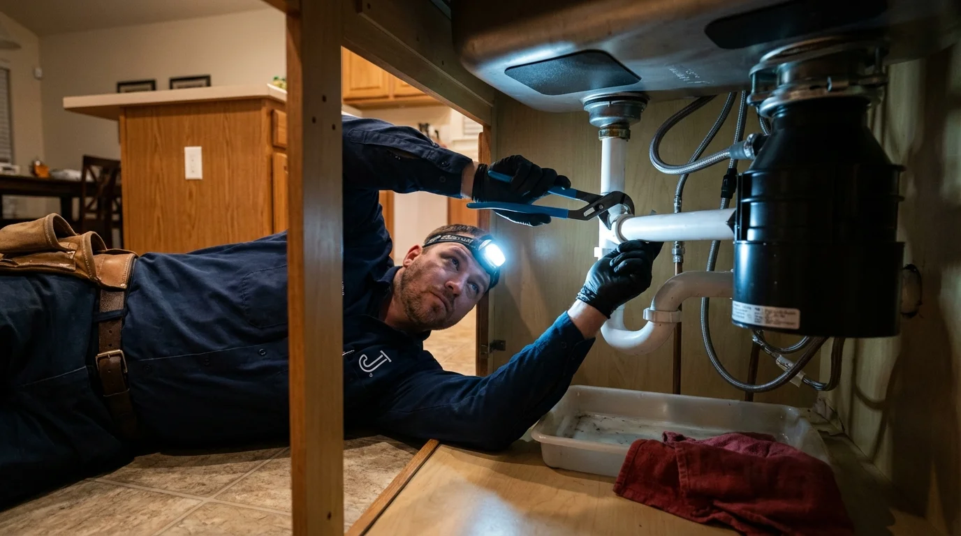 P-trap and supply line connections under a kitchen sink showing a common leak point in Bunkie, LA
